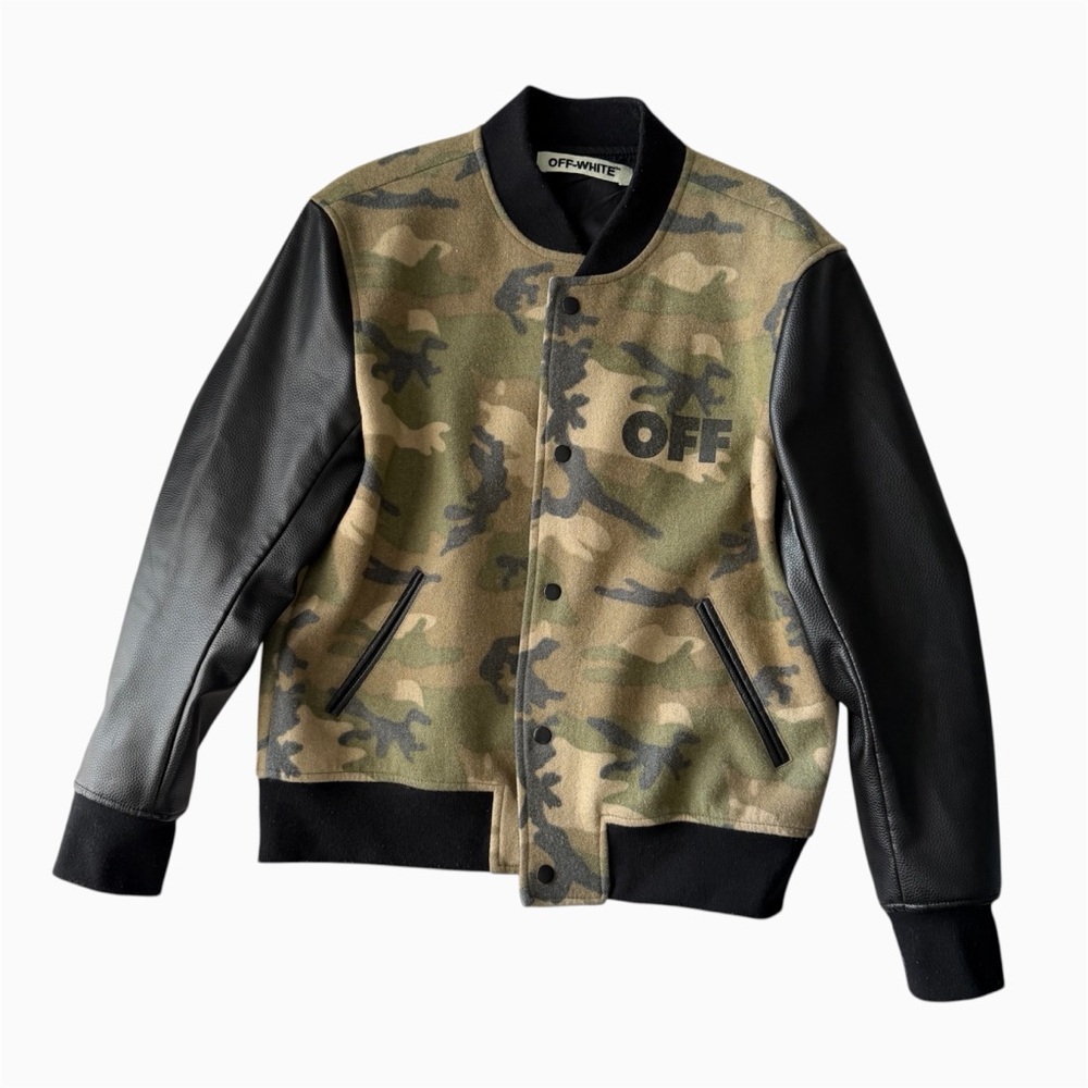 Off-White Green & Black Camo Varsity Jacket